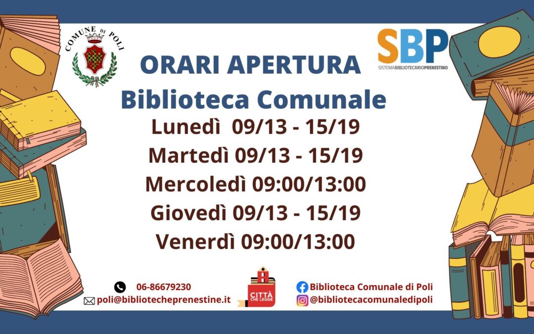 Orari di apertura della Biblioteca comunale di Poli nel periodo estivo